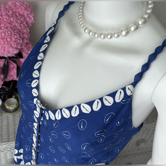 Farm Rio Ondina Linen blend Midi Dress with Cutout Waist in Blue & White Size M - Picture 3 of 13